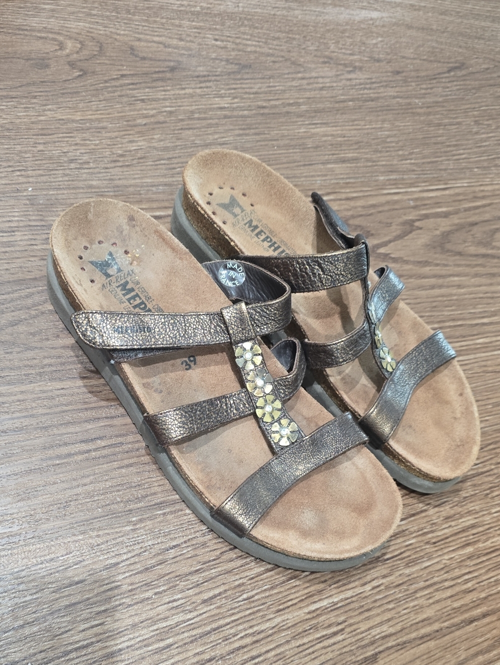 Mephisto Women's Metallic Bronze Multi-Strap Sandals with Floral Accents 39